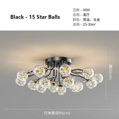 Decorbites black gold chandelier featuring black 15-star ball ceiling light with clear glass spheres and metallic arms