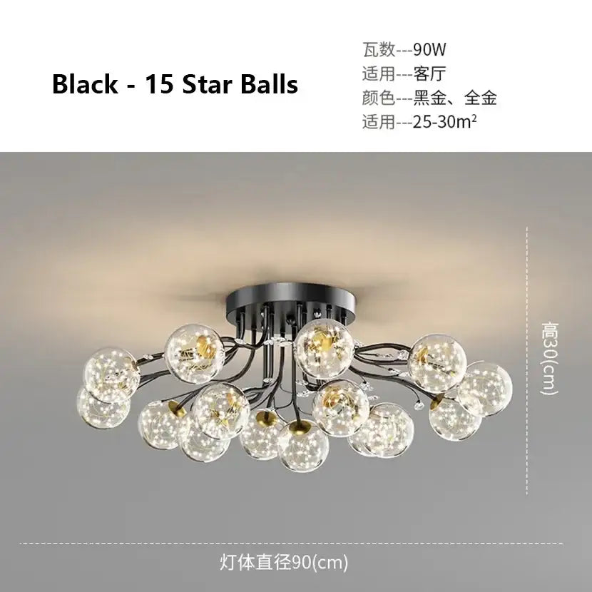 Decorbites black gold chandelier featuring black 15-star ball ceiling light with clear glass spheres and metallic arms