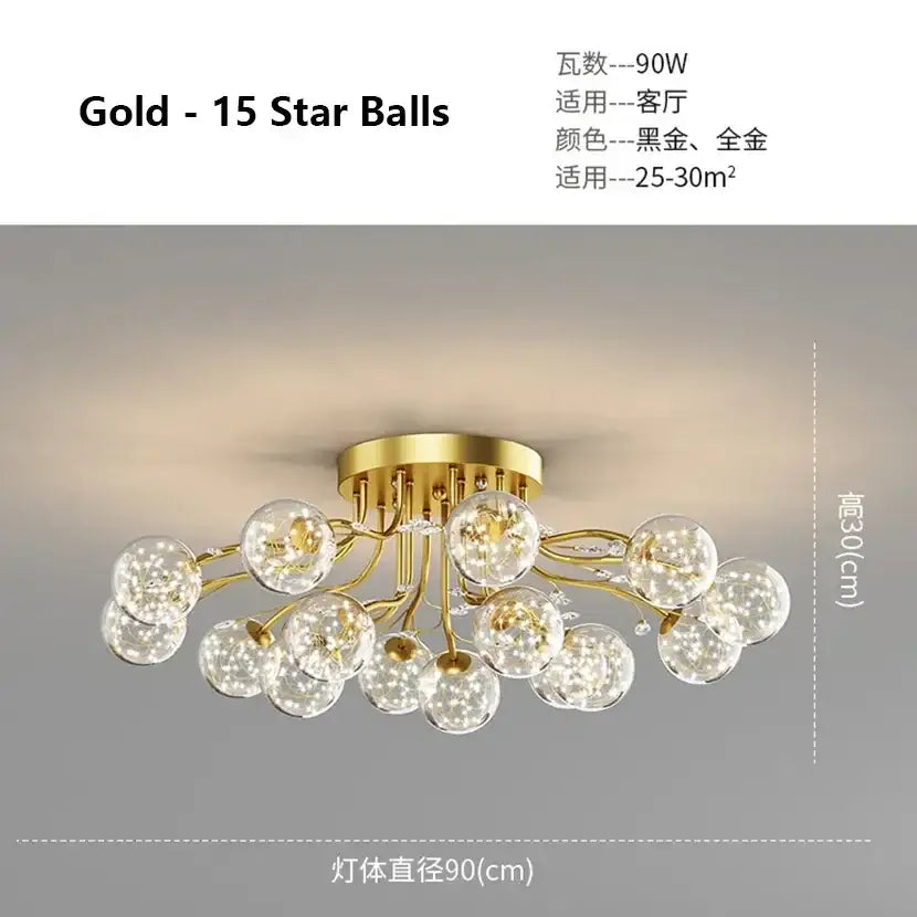 Decorbites black gold chandelier with gold finish and fifteen clear glass spherical bulbs in a starburst pattern