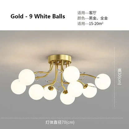 Gold-colored DecorBites black gold chandelier featuring nine white spherical glass bulbs in a branching design
