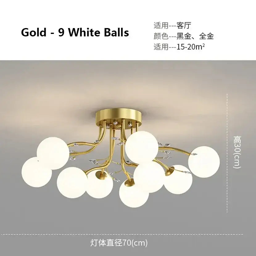 Gold-colored DecorBites black gold chandelier featuring nine white spherical glass bulbs in a branching design