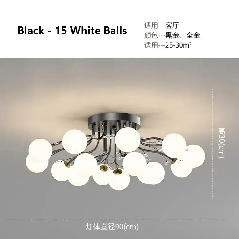 Black gold chandelier by DecorBites featuring a black ceiling light fixture with 15 white glass spherical bulbs in a modern design