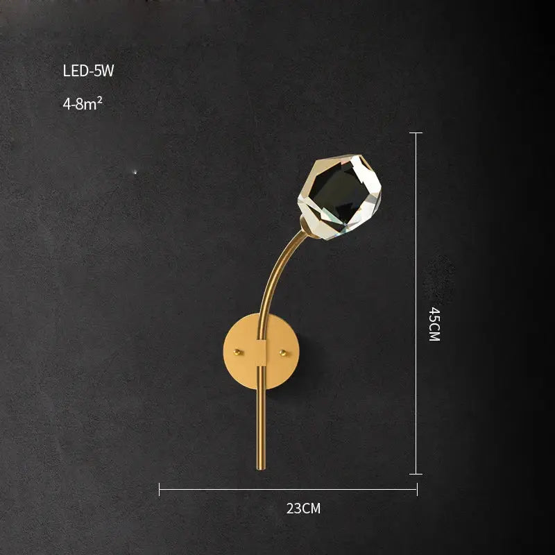 Decorbites black gold copper crystal led wall sconce light with gold-toned faceted crystal bulb for bedroom corridor