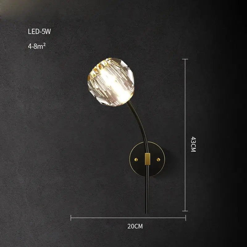 DecorBites black gold copper crystal led wall sconce light with faceted globe on black curved arm for bedroom corridor