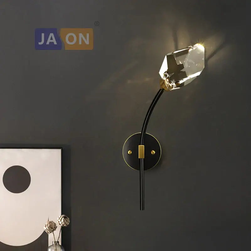 Decorbites black gold copper crystal wall sconce light with faceted crystal lamp head for bedroom corridor use