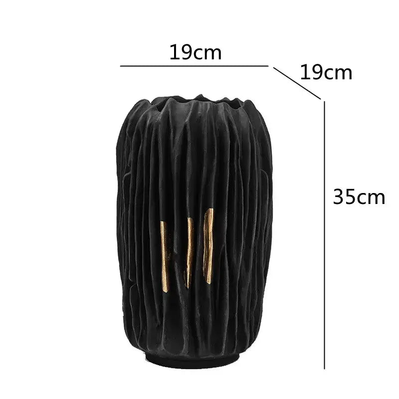 Decorbites™ black gold crease texture resin vase with vertical ridges and three gold accent strips for home decor