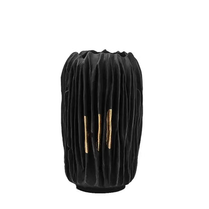 Decorbites black gold crease texture resin vase with black velvet vertical ridges and three gold tone metallic accents