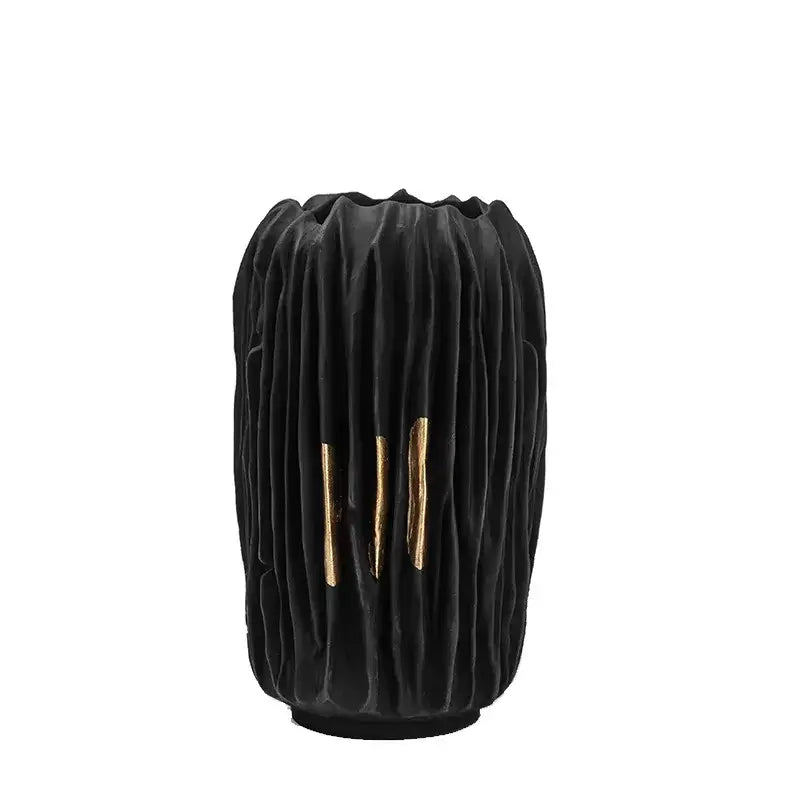 Decorbites black gold crease texture resin vase with black velvet vertical ridges and three gold tone metallic accents