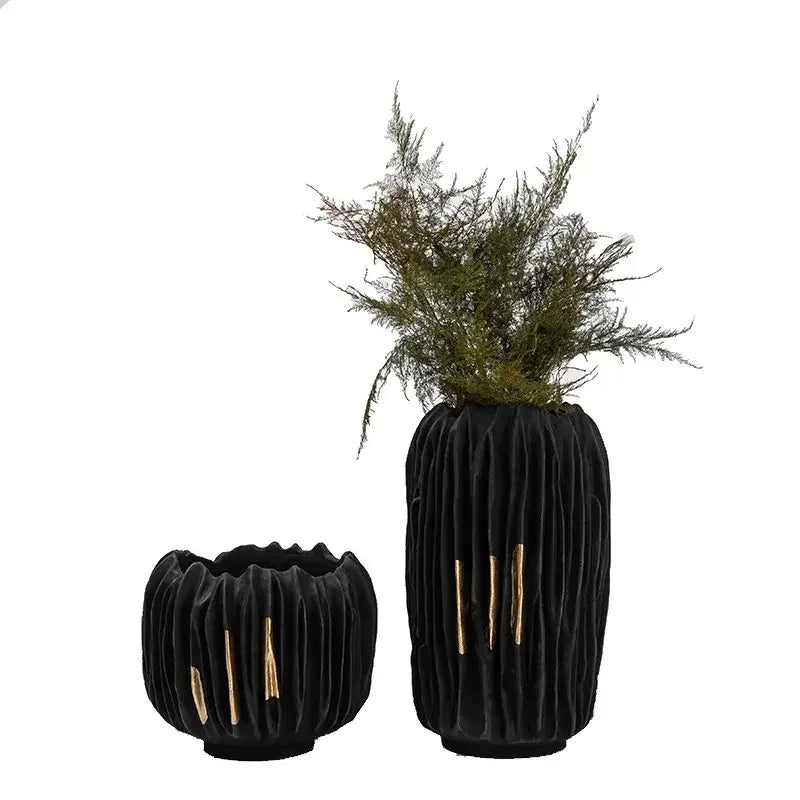 Decorbites black gold crease texture resin vase with abstract gold accent strips for elegant home decor