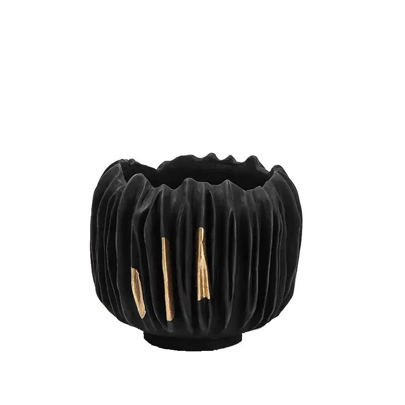 Black velvet DecorBites™ planter with black gold crease texture and gold leaf accents in a ruffled ribbed design