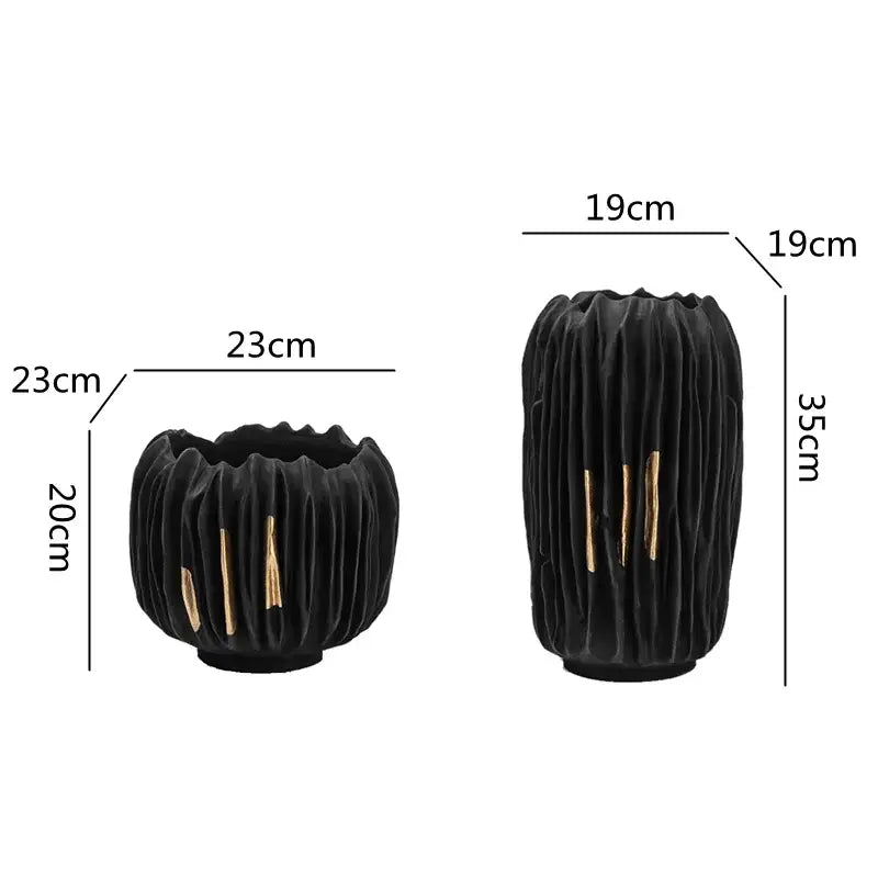 DecorBites black gold crease texture resin vase with vertical ribbed black ceramic and gold accent strips for home decor