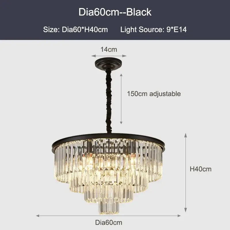 DecorBites black gold crystal chandelier with cascading clear crystal prisms for luxe gold crystal ceiling lighting