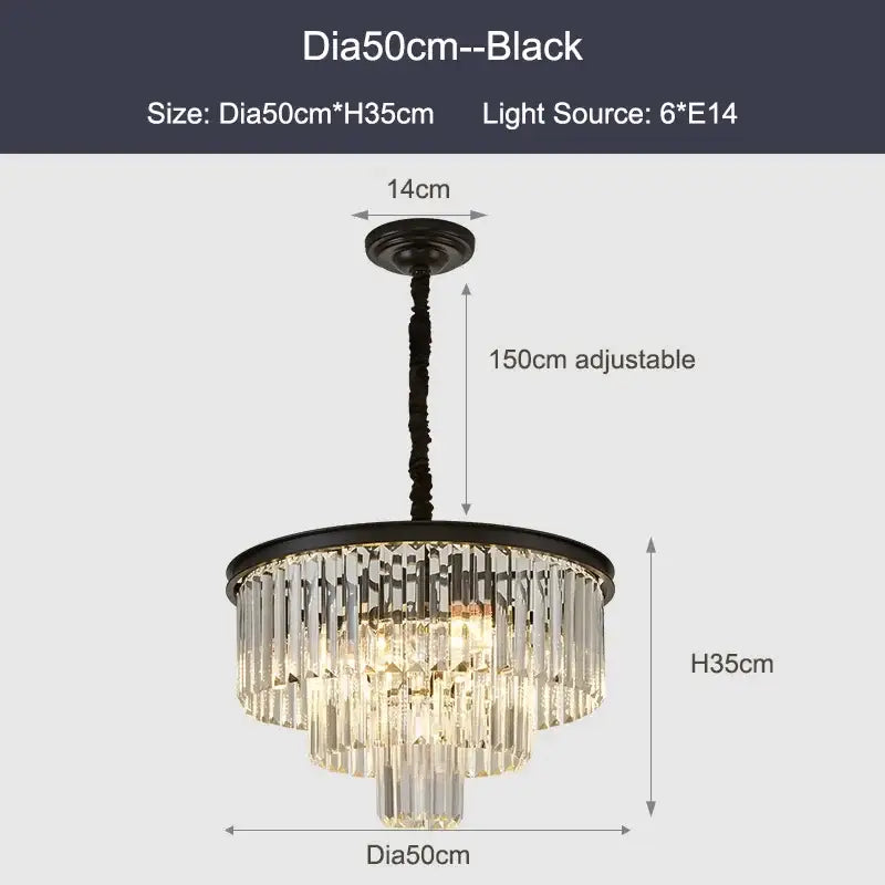 Decorbites black gold crystal ceiling chandelier with cascading prisms and adjustable chain for luxe living spaces