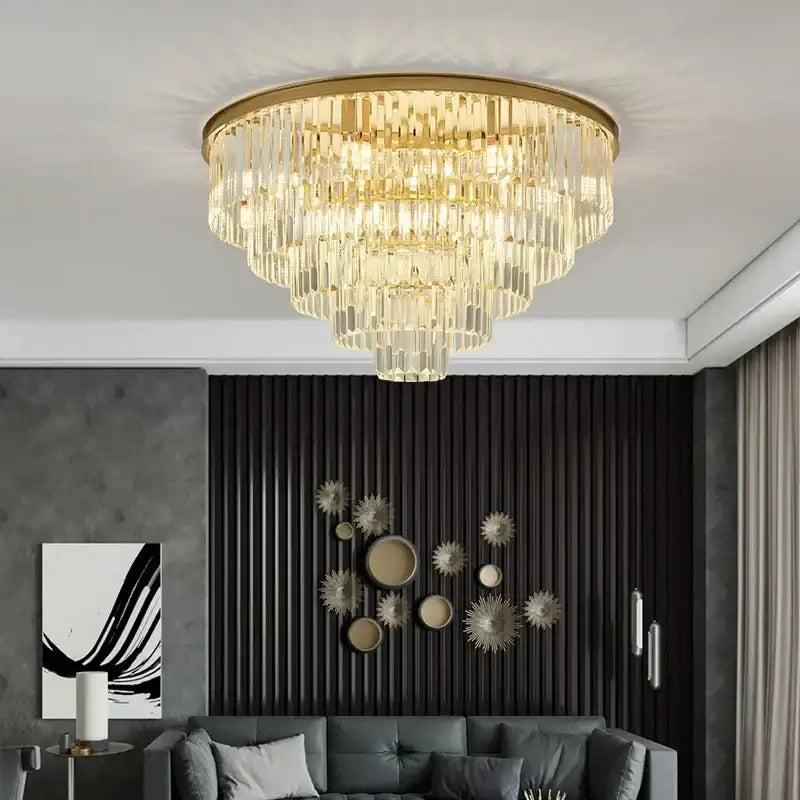 Decorbites black gold crystal ceiling chandelier with cascading gold crystal prisms modern led pendant light