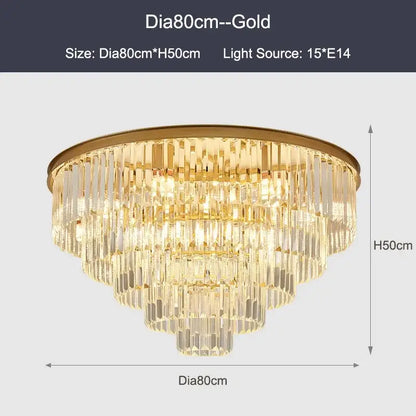 Decorbites black gold crystal ceiling chandelier with gold-toned tiers of clear prisms for luxe living spaces