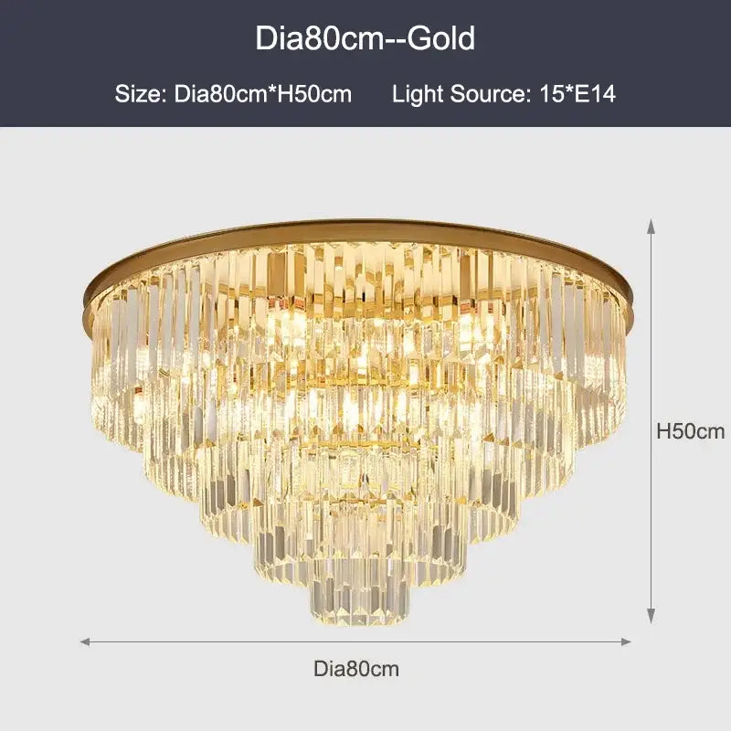 Decorbites black gold crystal ceiling chandelier with gold-toned tiers of clear prisms for luxe living spaces