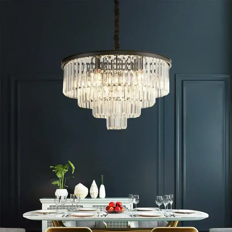 DecorBites black gold crystal ceiling chandelier with multi-tiered crystals and dark metal frame for luxe dining spaces