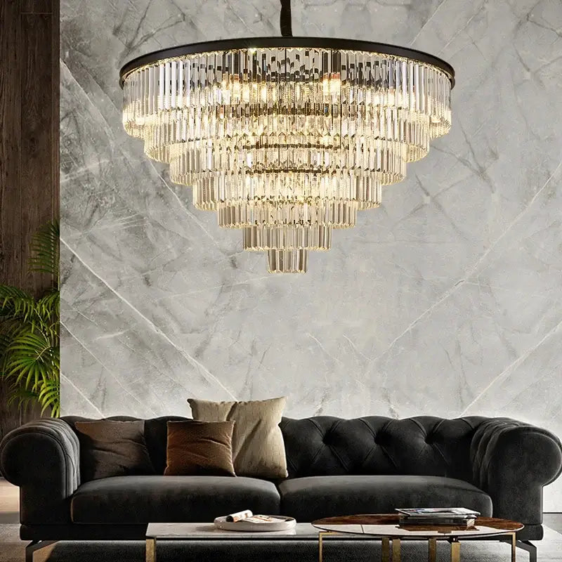Decorbites black gold crystal ceiling chandelier with black metal frame and cascading clear glass rods for modern luxe spaces
