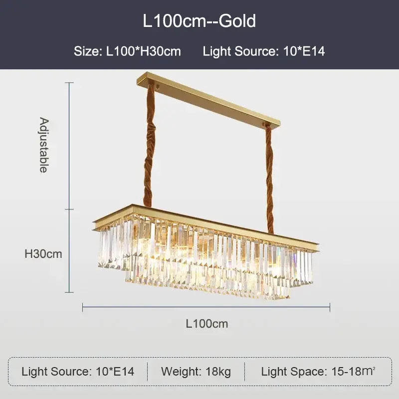 Decorbites black gold rectangular chandelier with gold crystal ceiling prisms suspended by twisted rope cords