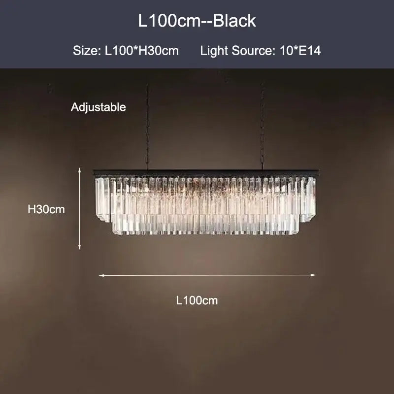 Decorbites black gold crystal ceiling chandelier with black rectangular frame and clear crystal prisms hanging from chain