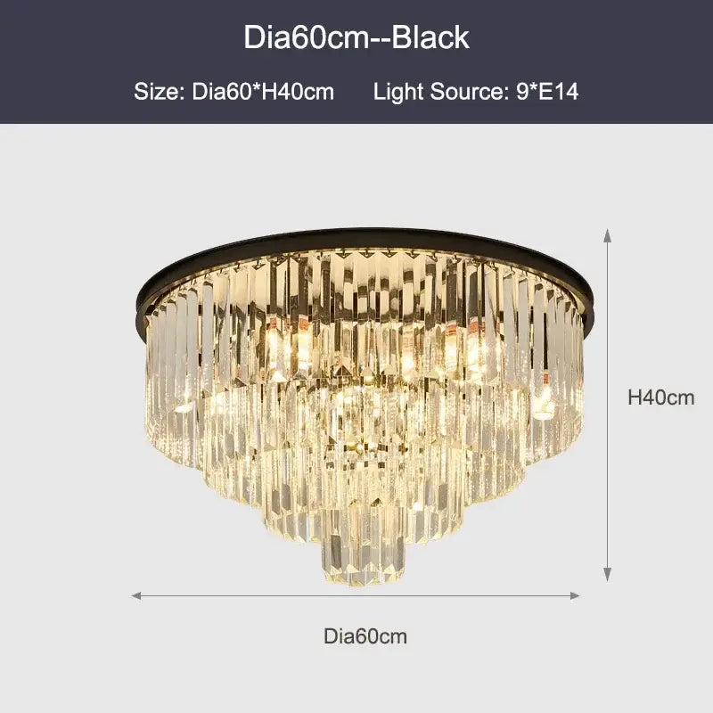 DecorBites black gold crystal ceiling chandelier with black-framed tiered cascading glass prisms for luxe living spaces