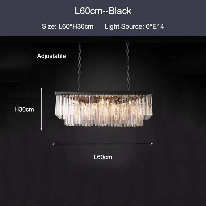 DecorBites black gold crystal rectangular chandelier with cascading clear rods and adjustable chains for luxe living spaces