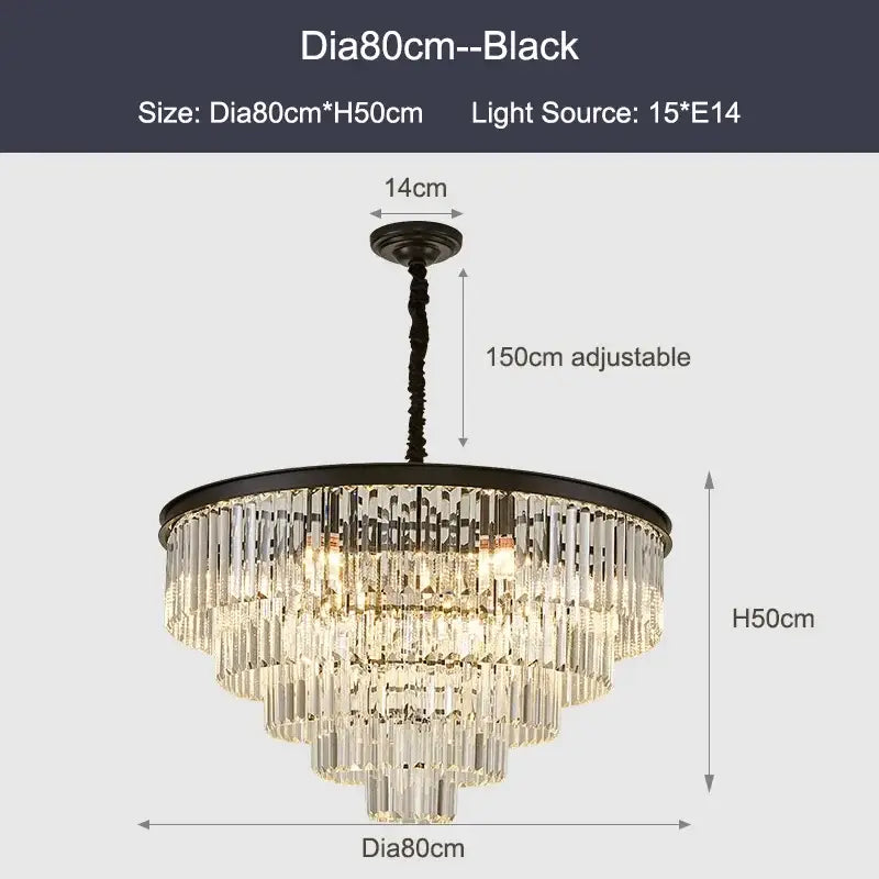 Decorbites black gold crystal ceiling chandelier with black finish and clear crystal prisms for luxe living spaces