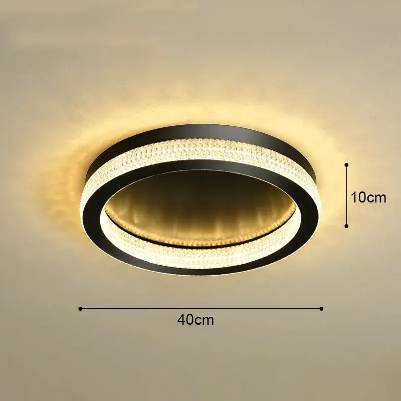 DecorBites black gold crystal chandelier ceiling light with black circular design and glowing LED ring for living rooms