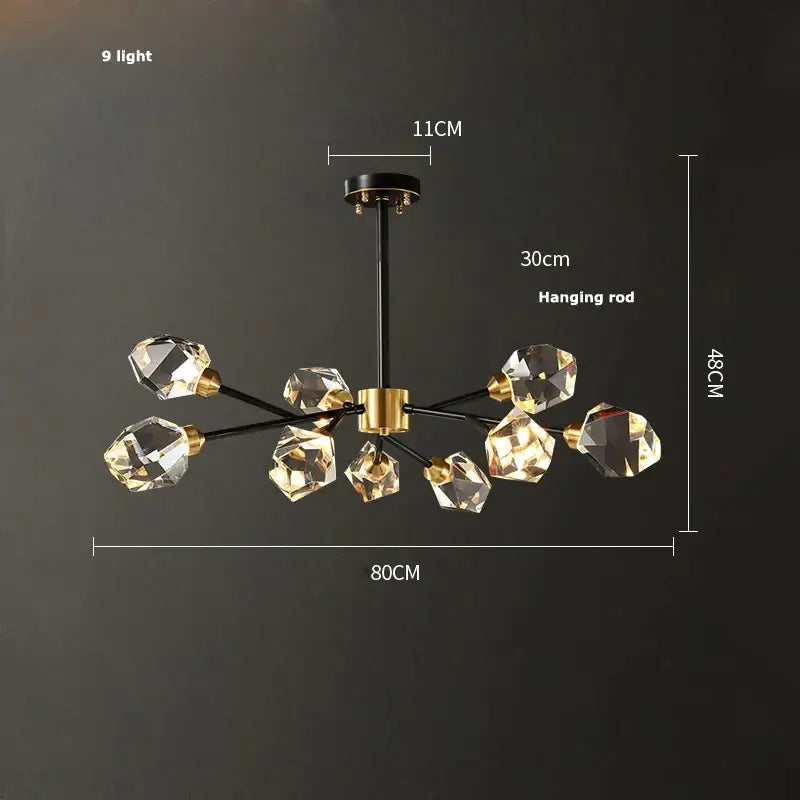 Modern decorbites black gold crystal chandelier with nine faceted LED lights and gold-toned central hub for luxury decor
