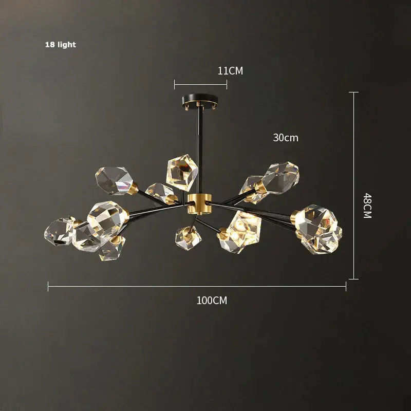 Modern decorbites black gold crystal chandelier with 18 lights, black metal arms, gold accents, and faceted crystal globes