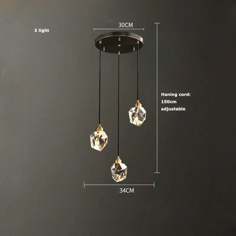 Decorbites black gold three-light pendant lamp with faceted black gold crystal shades and adjustable cords for luxury decor
