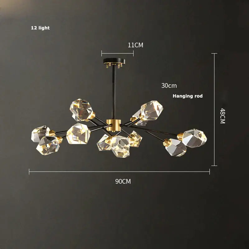 Modern decorbites black gold crystal chandelier with twelve faceted LED lights suspended from black rod and gold hub