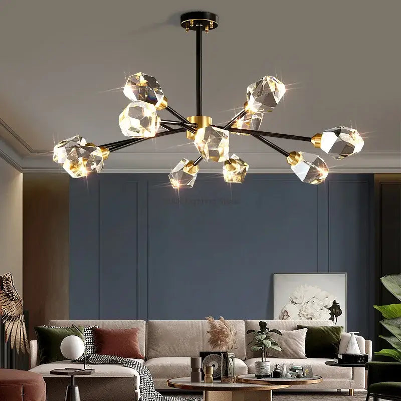 Decorbites black gold crystal chandelier with faceted LED bulbs for luxury home lighting and decor use