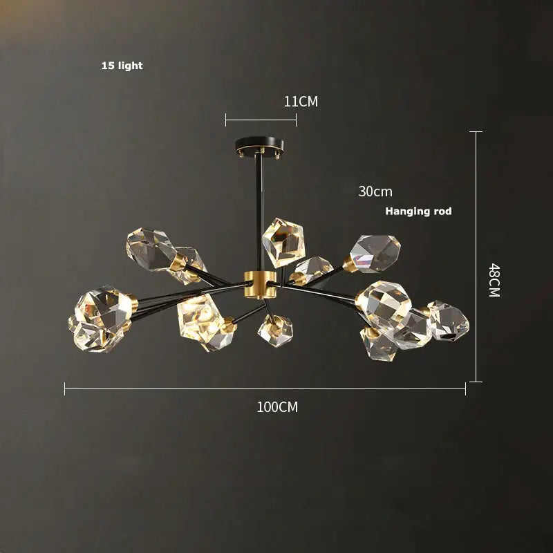 Modern DecorBites black gold crystal chandelier with 15 faceted glass lights in radial design for luxury home decor