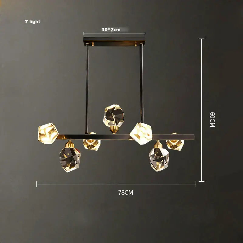 Modern geometric decorbites black gold crystal chandelier with seven warm-toned pendants and black metal frame