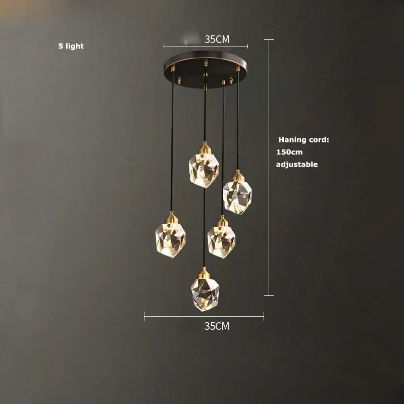 Decorbites black gold crystal chandelier with five faceted crystal pendants hung from black circular mount