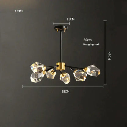 Modern DecorBites black gold crystal chandelier with six LED light fixtures and black and gold metal arms for luxury decor