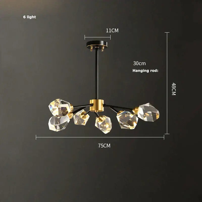 Modern DecorBites black gold crystal chandelier with six LED light fixtures and black and gold metal arms for luxury decor