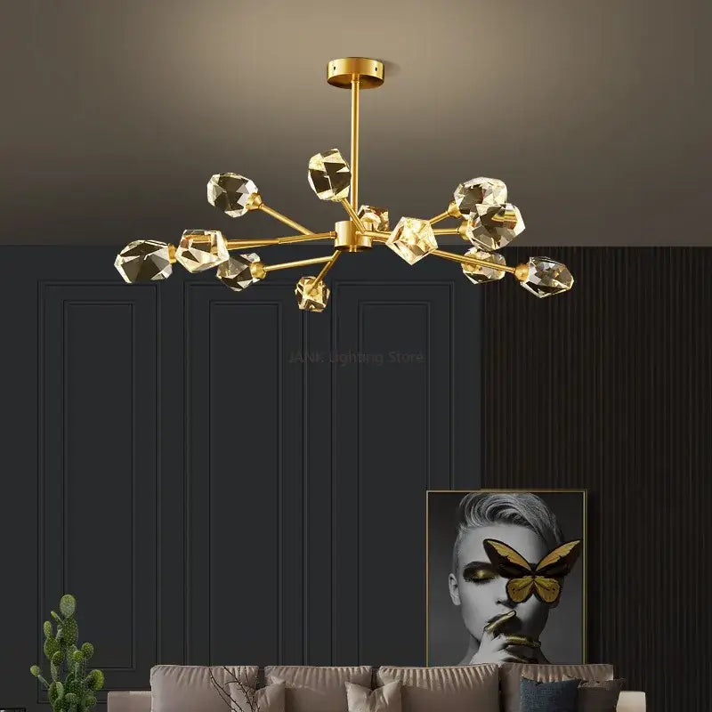 Gold-toned DecorBites black gold crystal chandelier with faceted crystals for luxury home decor and LED lighting