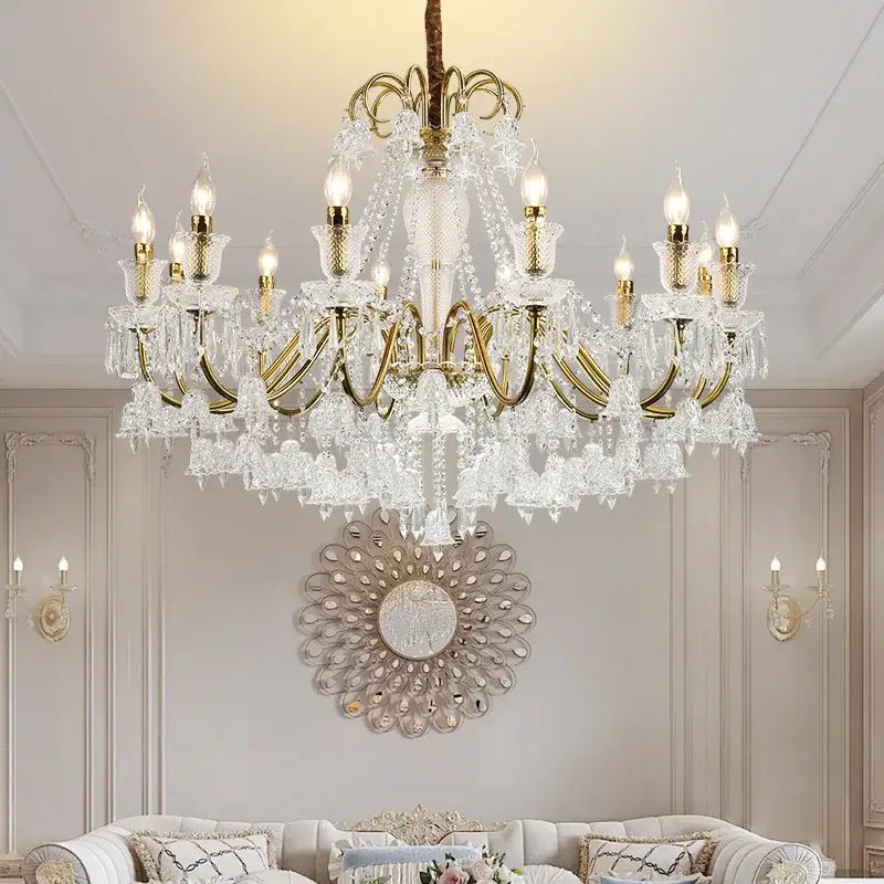 An ornate decorbites black gold crystal pendant light with gold-toned arms and cascading clear crystals for elegant spaces