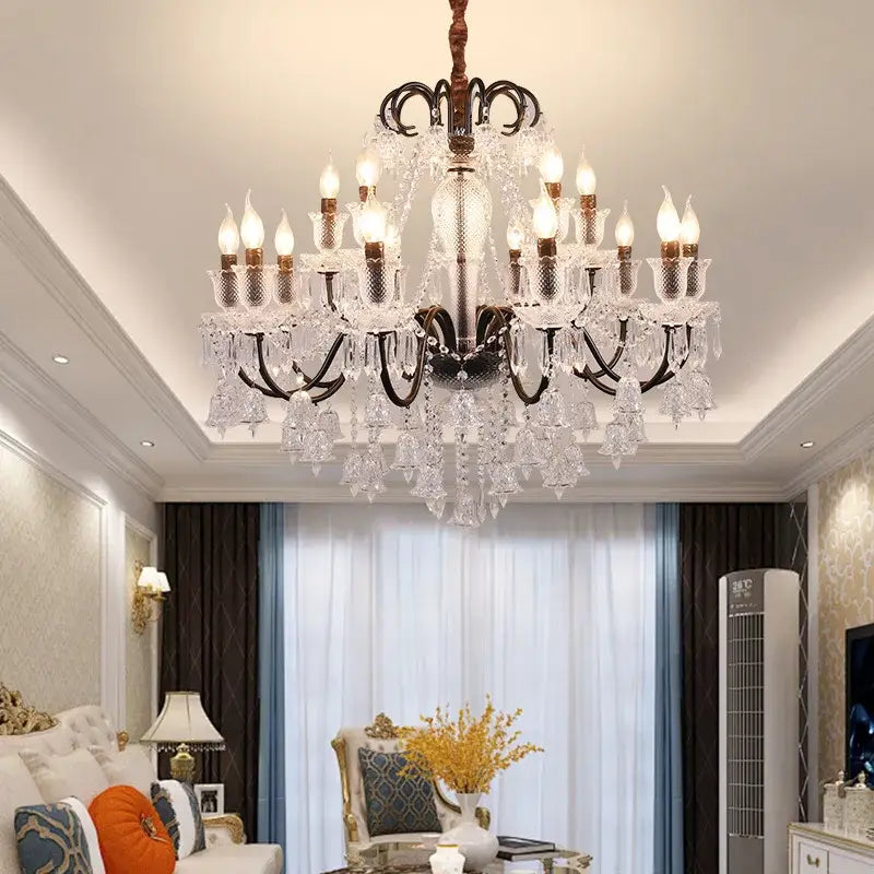 An elegant decorbites black gold crystal pendant light with a dark bronze frame and clear faceted glass crystals
