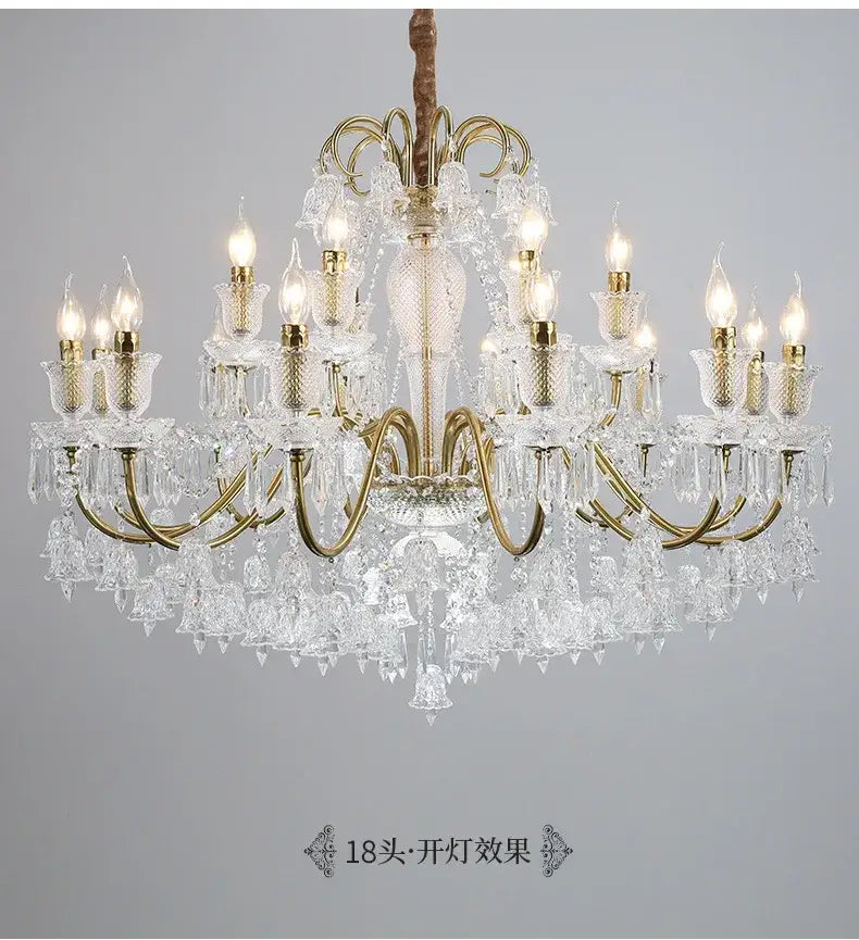 Luxurious decorbites black gold crystal pendant light with 18 illuminated candle-style bulbs and gold-toned metal arms