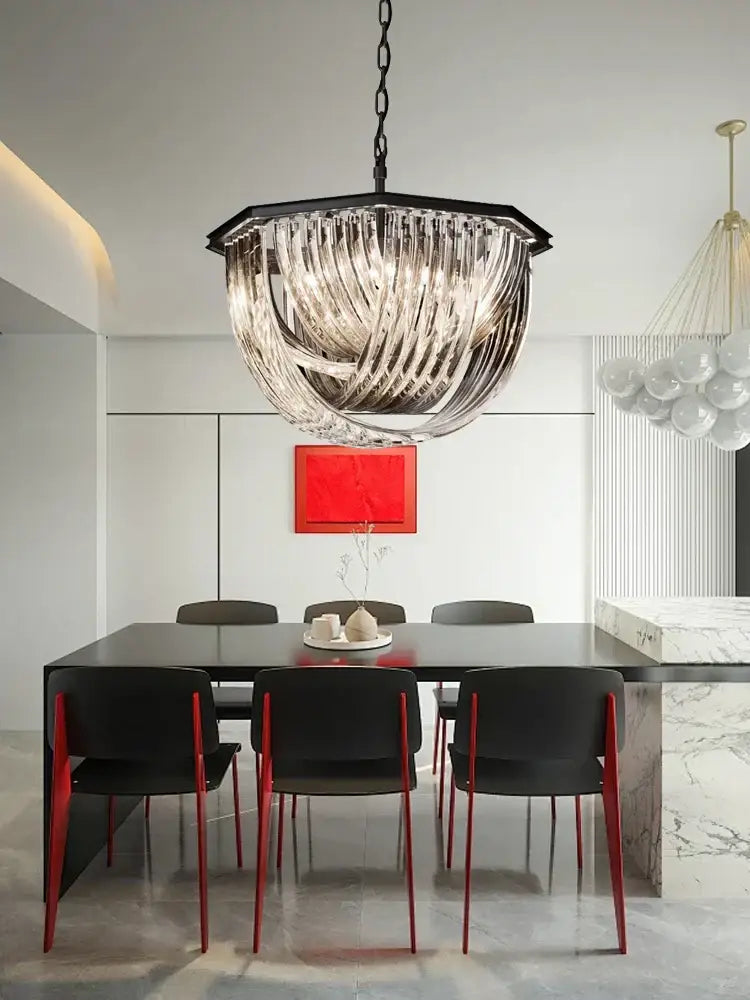 A decorbites black gold crystal pendant light with a black metal frame and cascading clear glass ribbons for luxury lighting