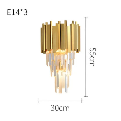 Decorbites black gold lighting fixture with three vertical gold-toned arms and cascading clear black gold crystal prisms