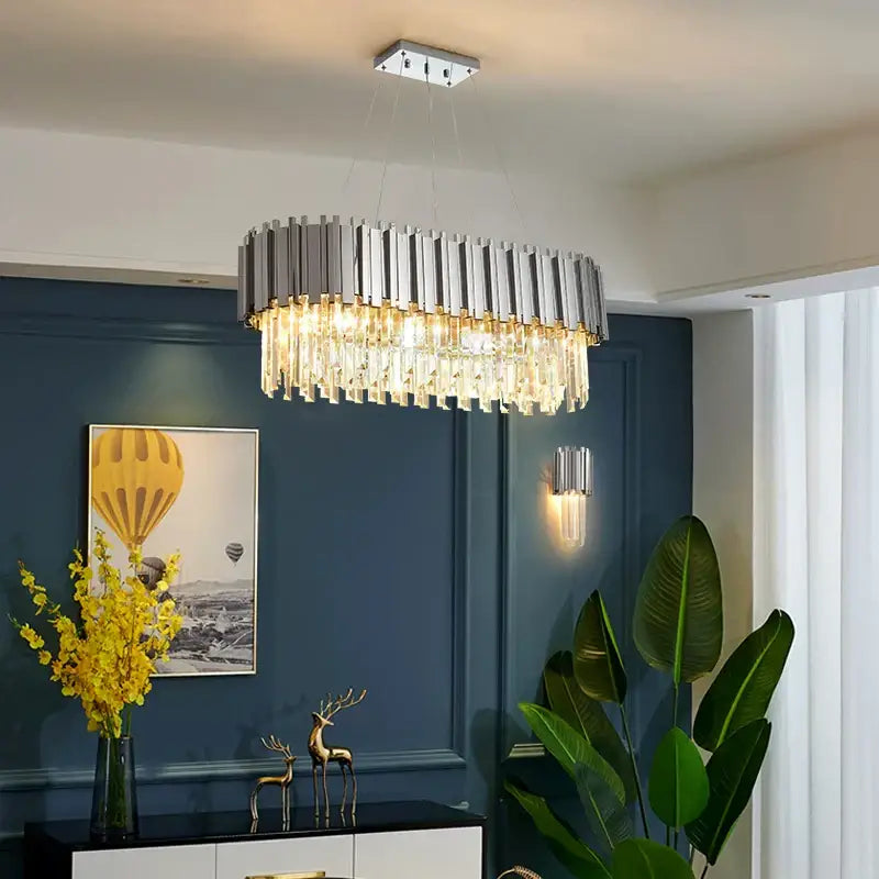 Modern chrome and crystal lighting fixture with a circular frame and cascading prisms decorbites black gold crystal chandelier