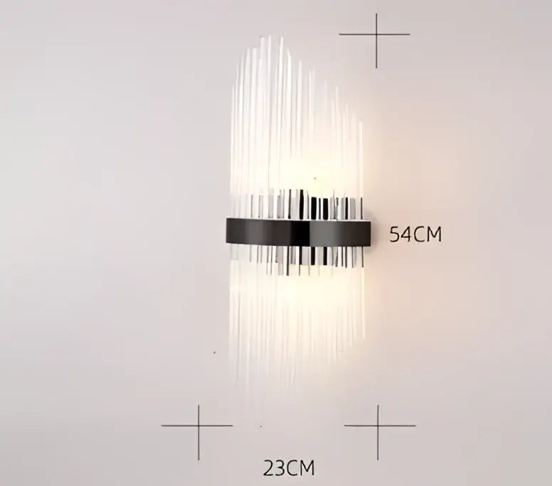 Decorbites black gold crystal wall light with sleek black metal band and cascading clear glass prisms for modern decor