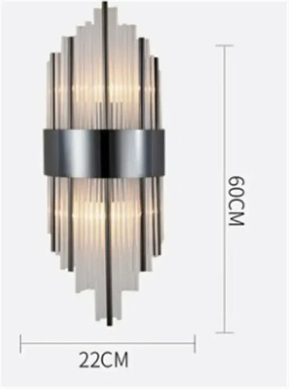 Modern decorbites black gold crystal wall light featuring sleek vertical frosted glass tubes and a brushed metal band