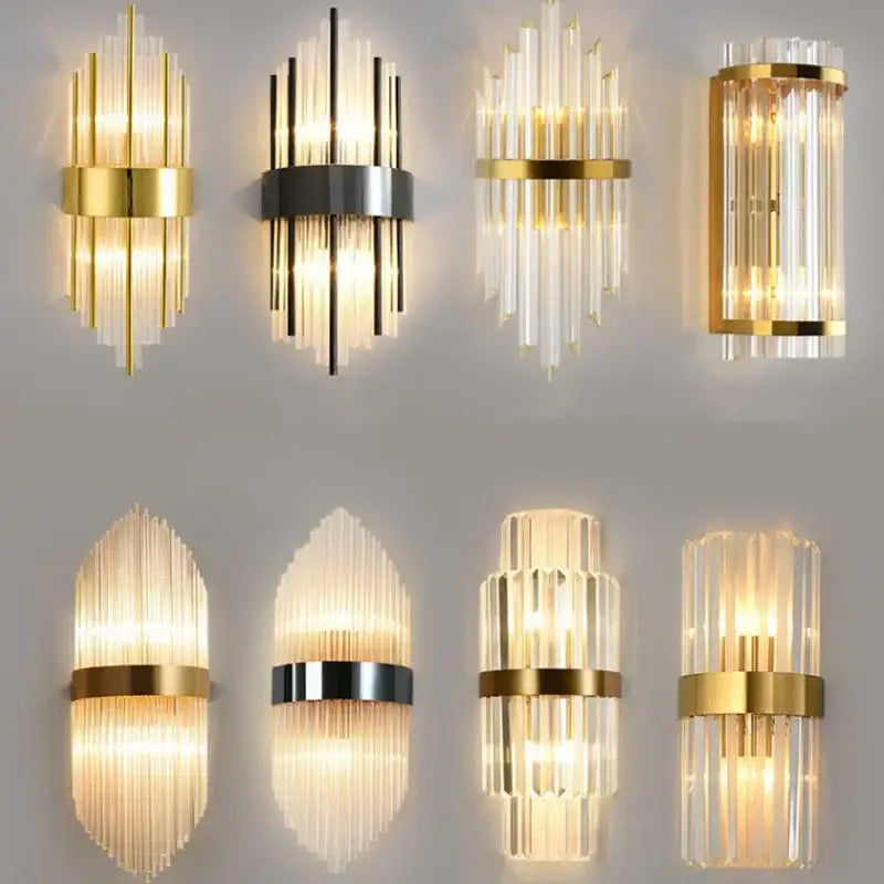 Modern decorbites black gold crystal wall lights with gold and black metal frames and vertical glass rods for living room