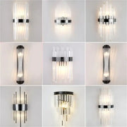 Modern decorbites black gold crystal wall lights with sleek chrome and black metal frames and vertical glass rods for living room