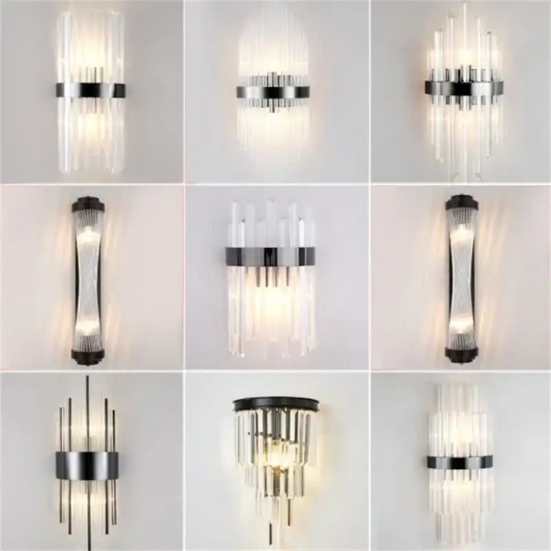 Modern decorbites black gold crystal wall lights with sleek chrome and black metal frames and vertical glass rods for living room